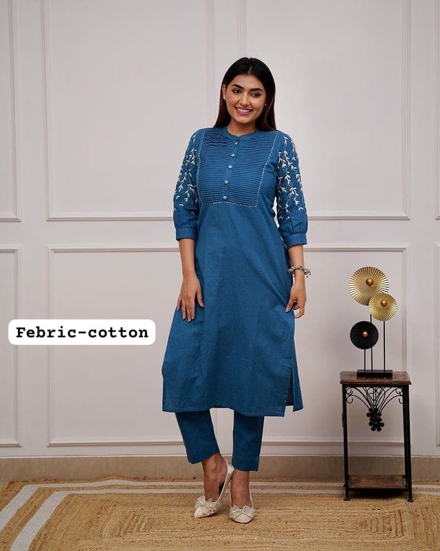 Blue Kurti Pant Set with Embroidery & Pintex Detailing